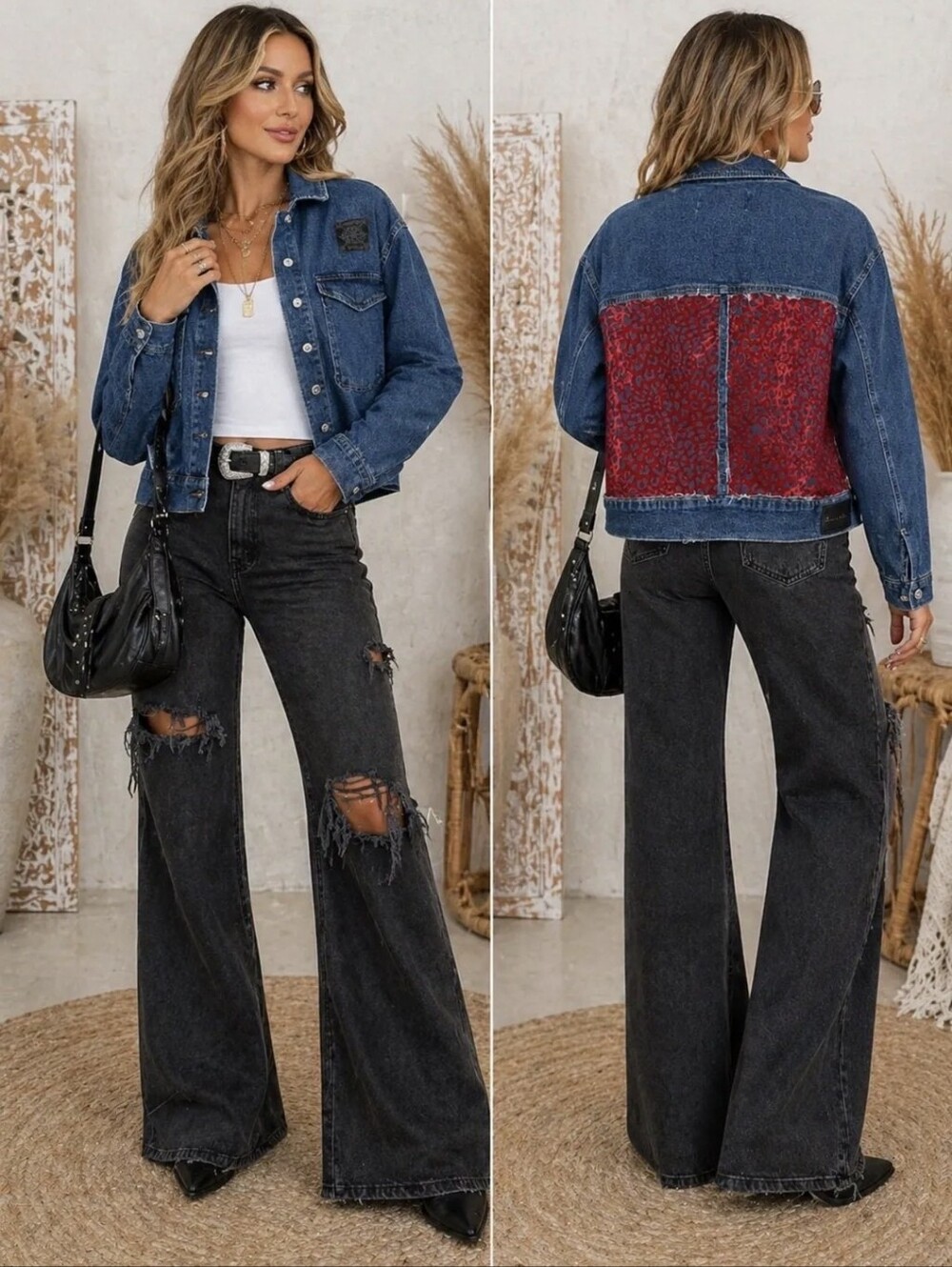 Johnny Was Blue Denim Jacket with Red Leopard Back Panel , Upcycled